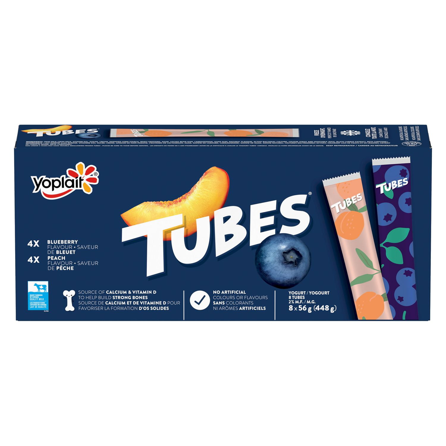 Yoplait 1% Yogurt Tubes, Peach and Blueberry, Kids Yogurt Snacks, 56 g, 8 ct
