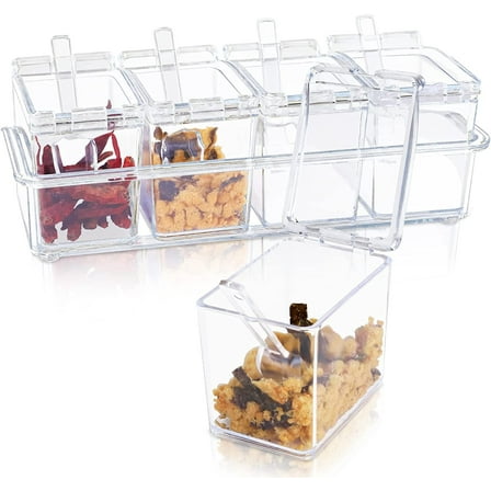 STONCEL Clear Seasoning Box, 4 Piece Seasoning Rack Spice Pots, Plastic Storage Container Condiment Jars with Lids and Spoon, Kitchen Organization Containers for Spice, Salt, Sugar, Cruet