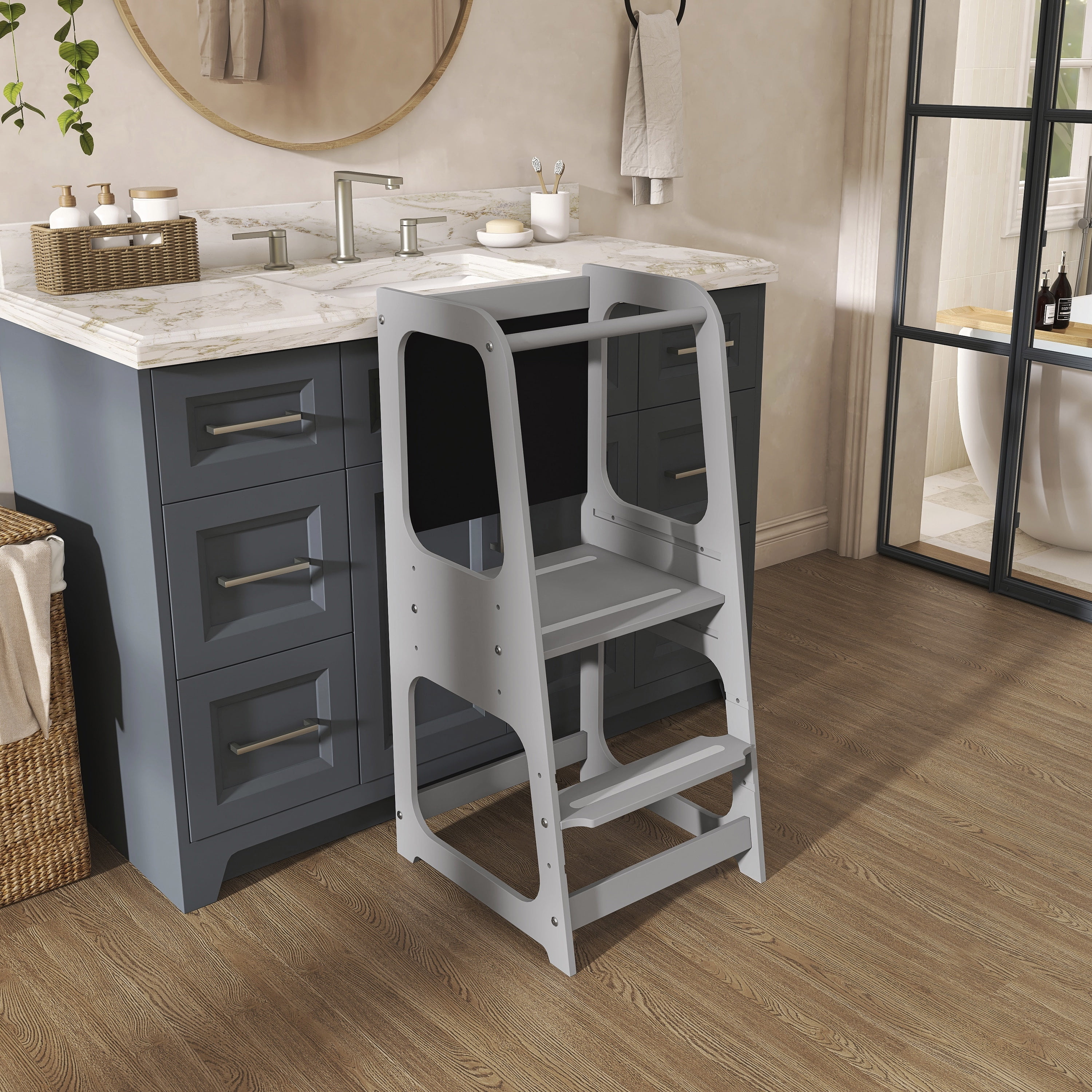 Dream On Me Explora Tower & Step Stool, Anti-slip Base, Multipurpose Kids Step Stool, Pebble Grey