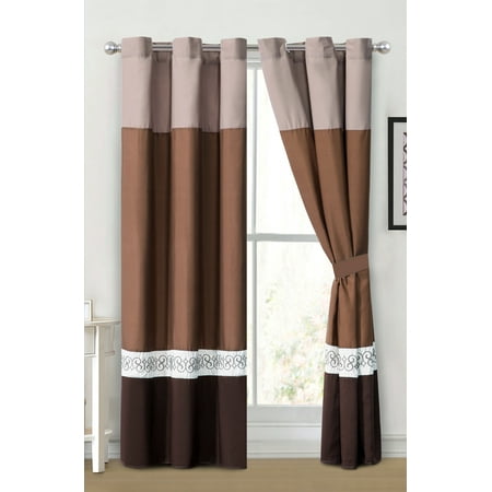 Spanish Style Window Treatments 4-Pc Barb Spanish Scroll Star Diamond Embroidery Curtain Set Brown Coffee Tan Grommet Drape Sheer Liner ()