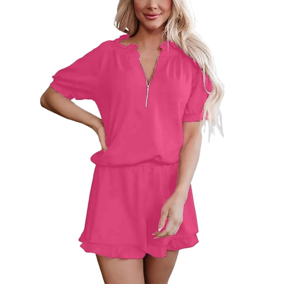 STETMN Summer 2 Piece Casual Set for Women Zip Up Ruffle Top with Shorts Loose Trendy Outfits