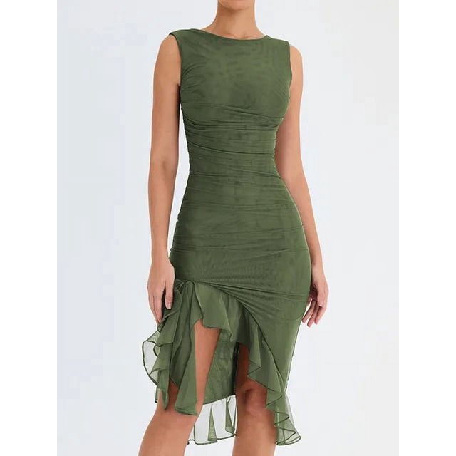 LS Mozision Elegant Ruffle Ruched Midi Dress For Women Robe Summer New Backless Sleeveless Irregular Club Party Sexy Dress Vestido