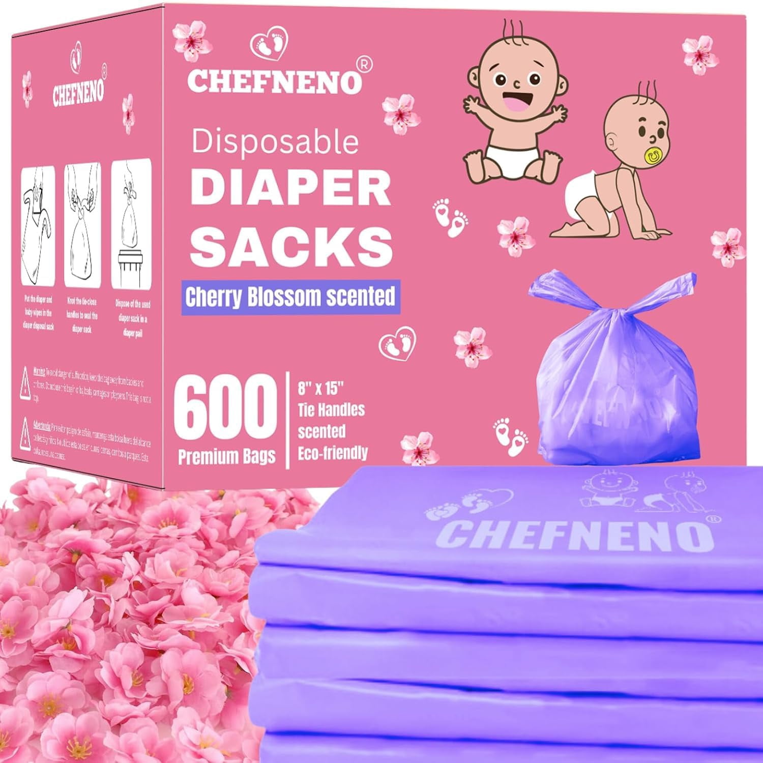 Disposable Diaper Bags (600 ct.) Cherry Blossom Scented Easy Tie Handles Scented Bulk Diaper Sacks Disposable Dog Cat Waste Bags (Cherry Blossom, 600 Bags)