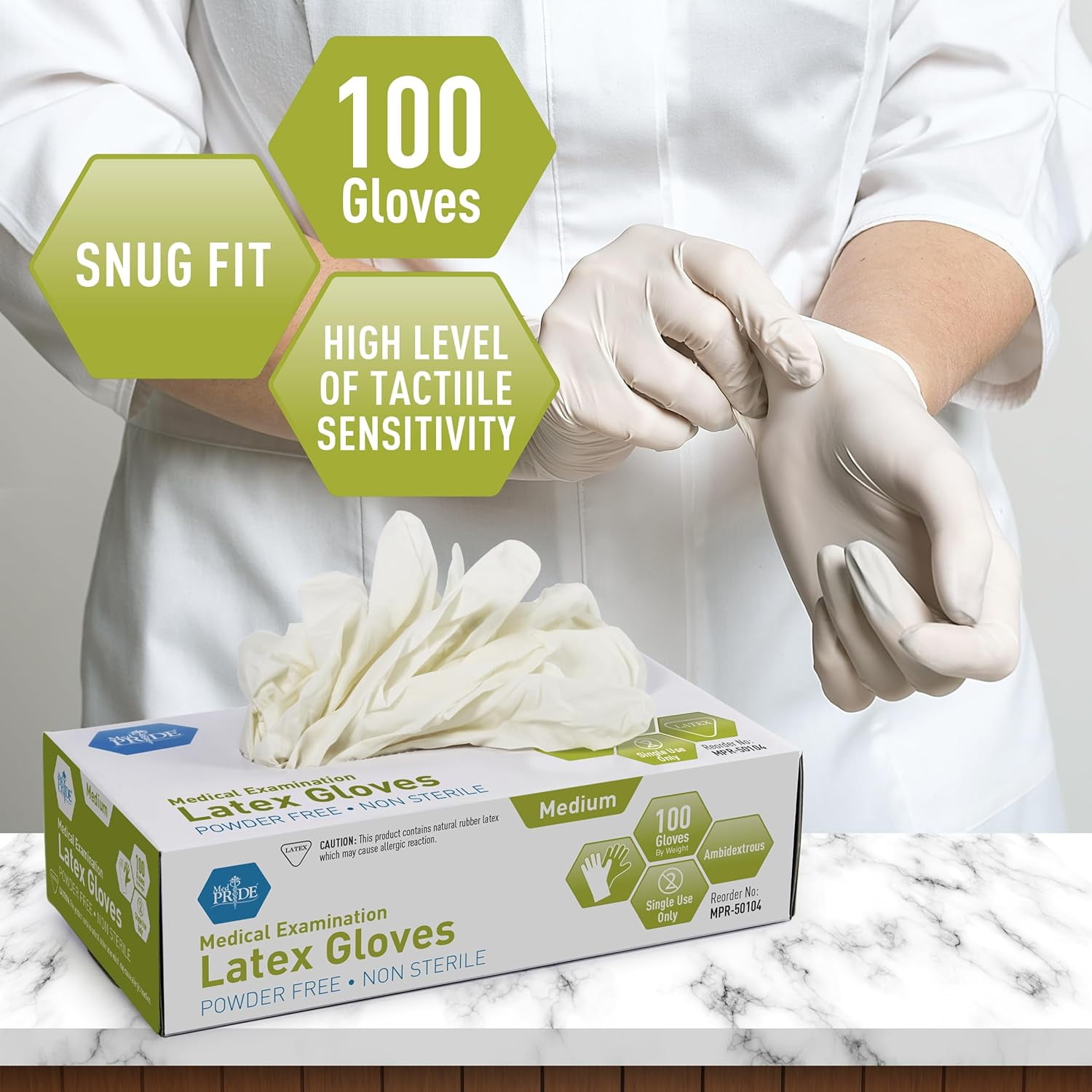 Med Pride Disposable Latex Gloves, 5 Mil Thick 1000 Count White Exam Gloves, Medical Grade, Powder-Free, Medium