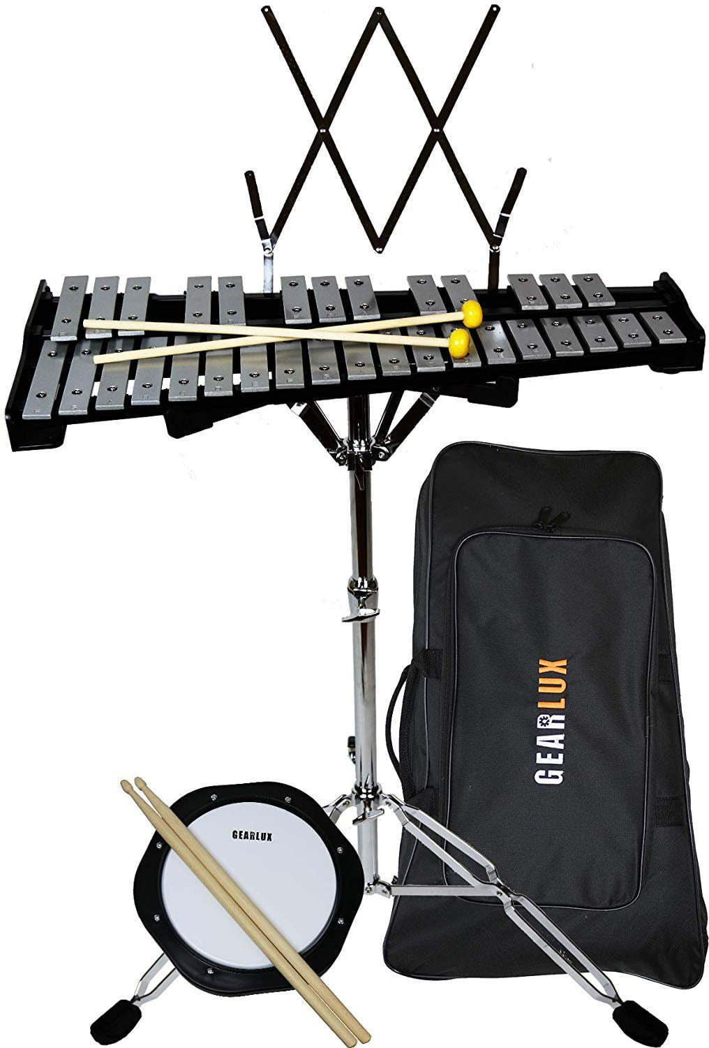 Gearlux 32Note Glockenspiel Bell Kit with 8" Practice Pad, Stand