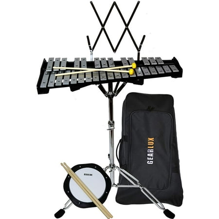 Gearlux 32-Note Glockenspiel Kit with 8" Practice Pad Stand Music Rest Mallets Drum Sticks Gig Bag
