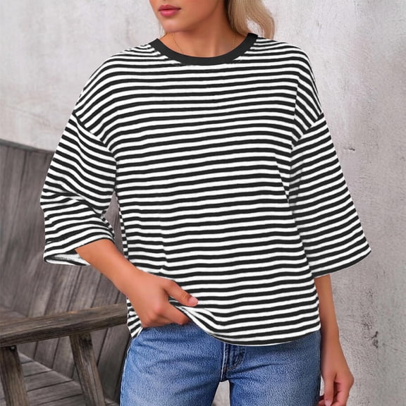 Vmvidoty Womens Oversized Striped T-Shirts Summer Casual Color Block Short Sleeve Tops Drop Shoulder Boxy Tees Black XL