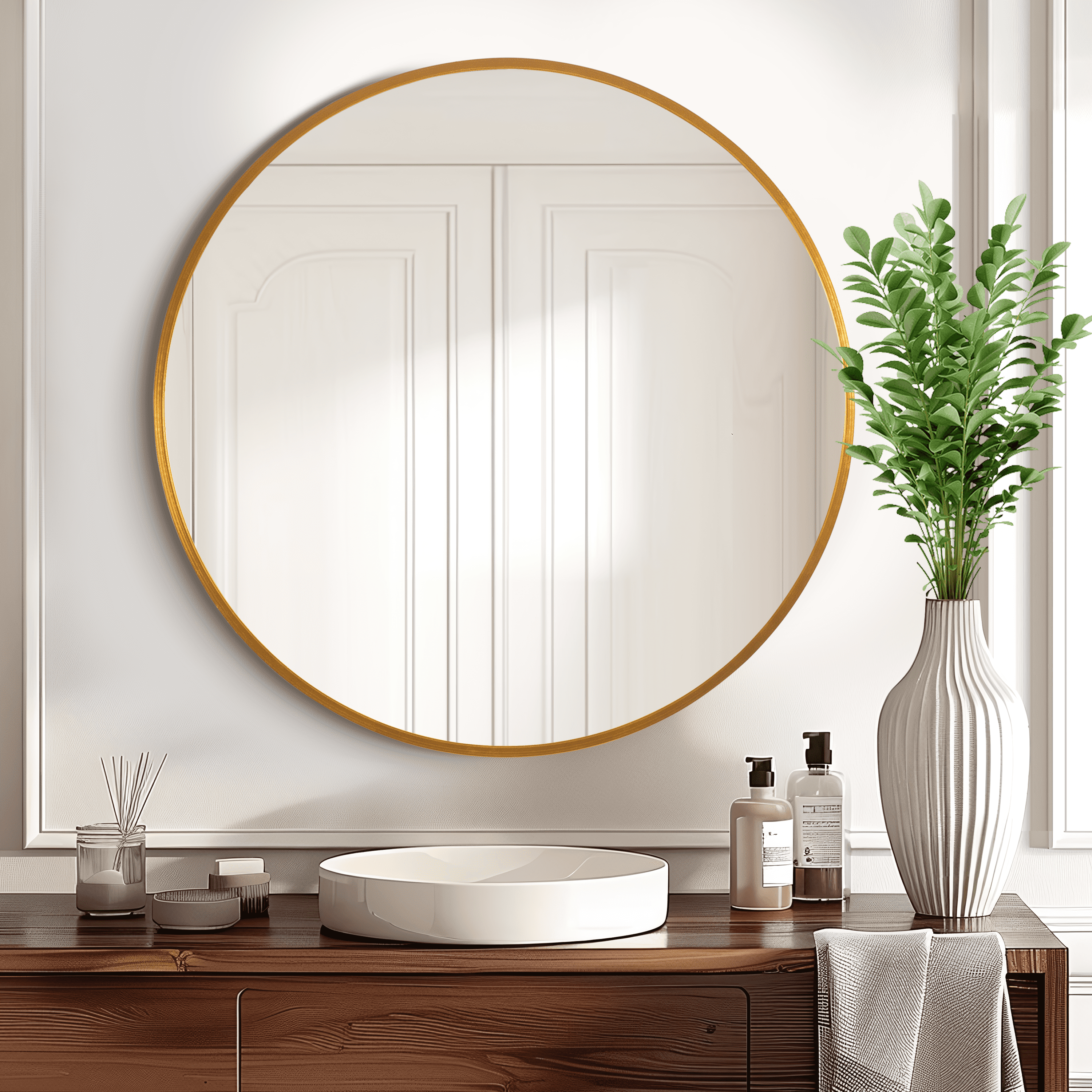 MAYEERTY 20"x20" Metal Framed Gold Round Mirror, Bathroom Vanity Mirror for Bedroom or Living Room