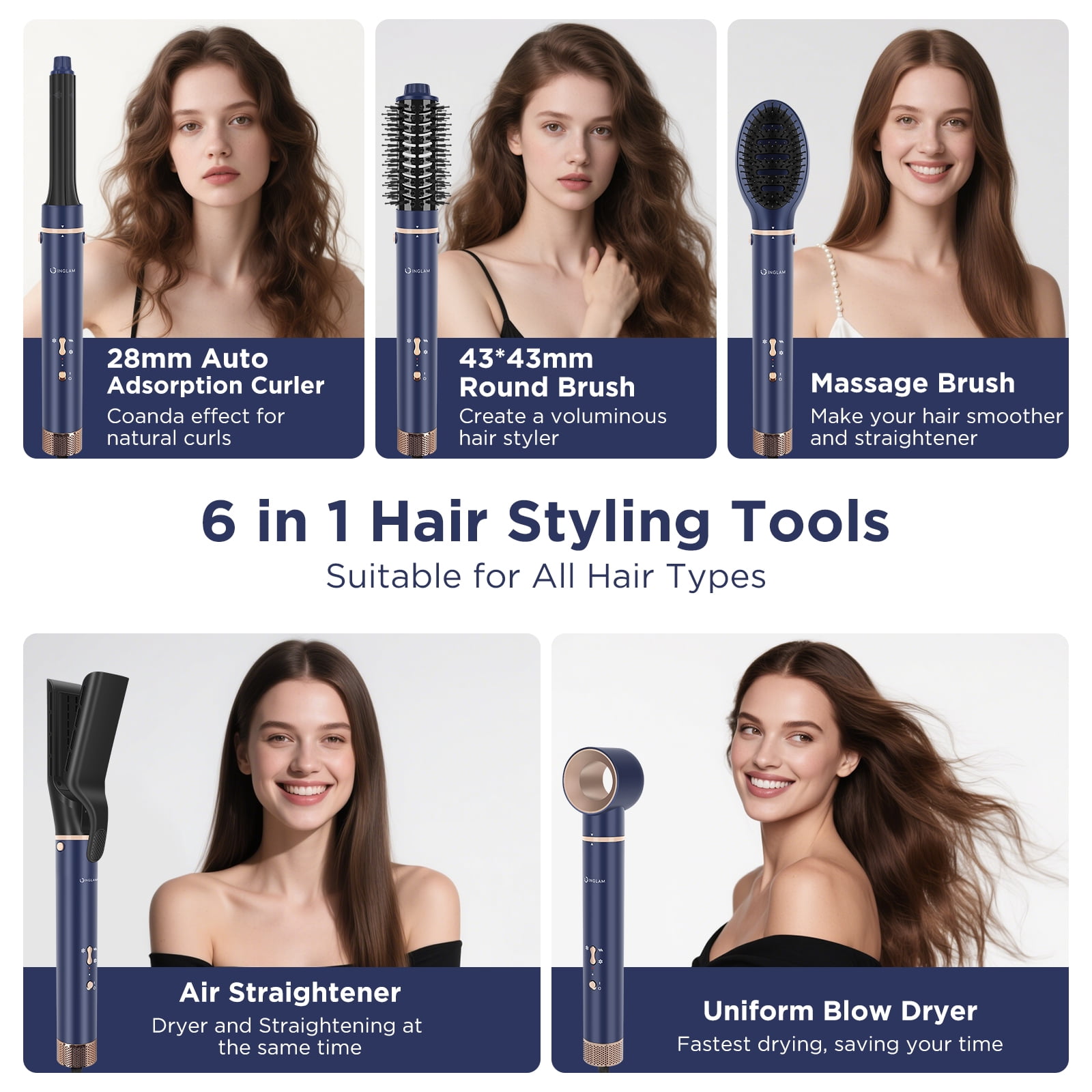 IG INGLAM 6 in 1 Hair Dryer Brush Set with No Heat Damage Air Straightener, 200 Billion Ionic Blow Dryer Brush, High-Speed Hair Dryer Volumizing and Wrap Curlers, Prussian Blue