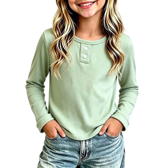 yillto Little Girls Long Sleeve Shirts Ribbed Crewneck Solid Color Basic Casual Tshirts Tops for Kids