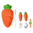 thumbnail image 1 of Cuchara, tenedor y plato de silicona para niños en forma de zanahoria con pajita, juego de vajilla para bebé de acero inoxidable y silicona, 1 of 5