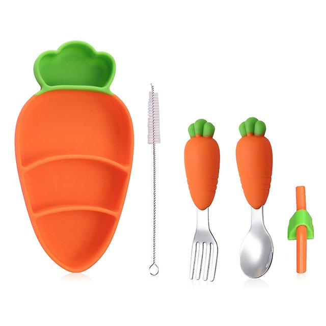 Cuchara, tenedor y plato de silicona para niños en forma de zanahoria con pajita, juego de vajilla para bebé de acero inoxidable y silicona