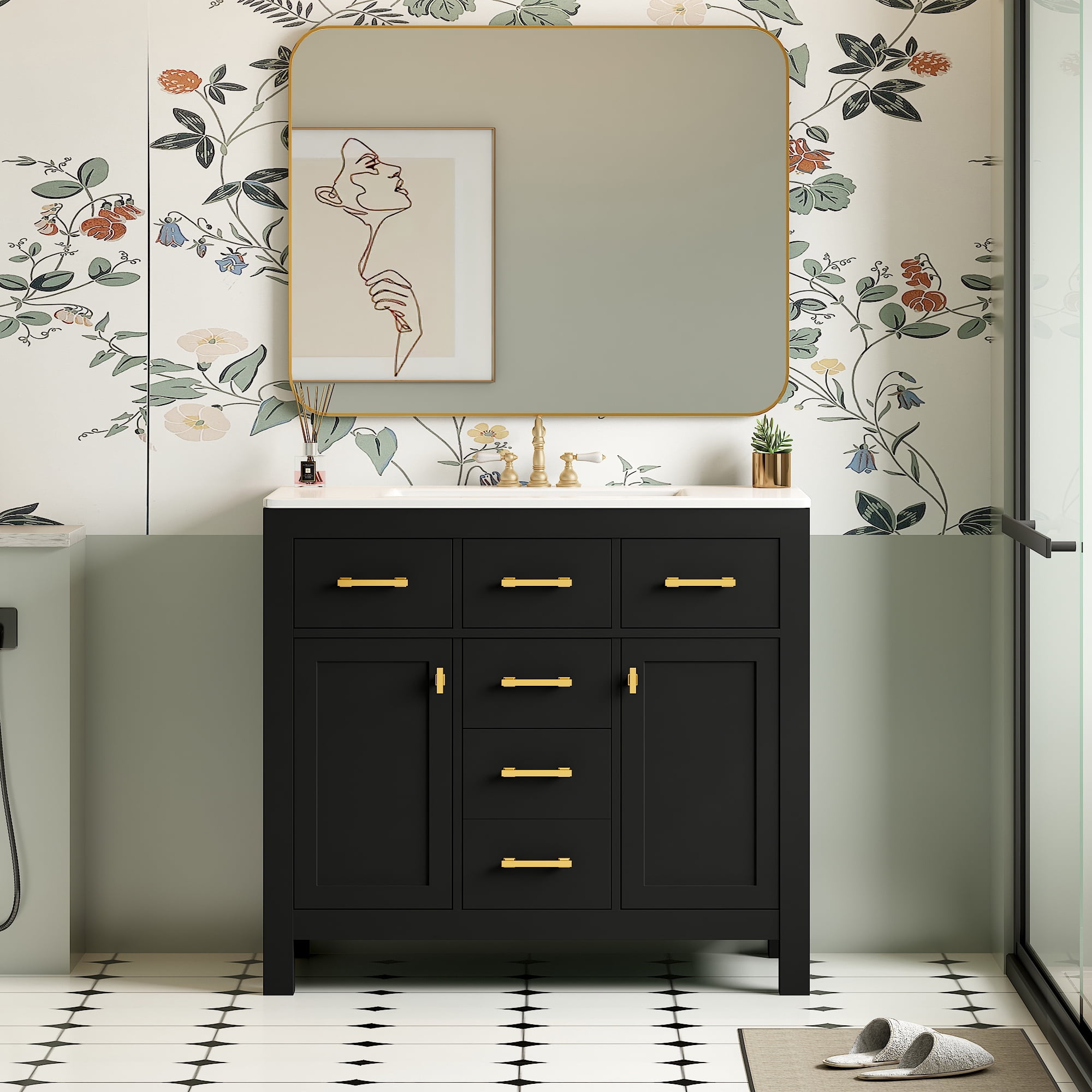 Euroco 36-Inch Solid Wood Bathroom Vanity with Ceramic Sink and Storage Cabinets