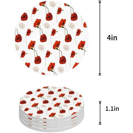 

ZHANZZK Red Poppies Pattern Set of 4 Round Coaster for Drinks Absorbent Ceramic Stone Coasters Cup Mat with Cork Base for Home Kitchen Room Coffee Table Bar Decor