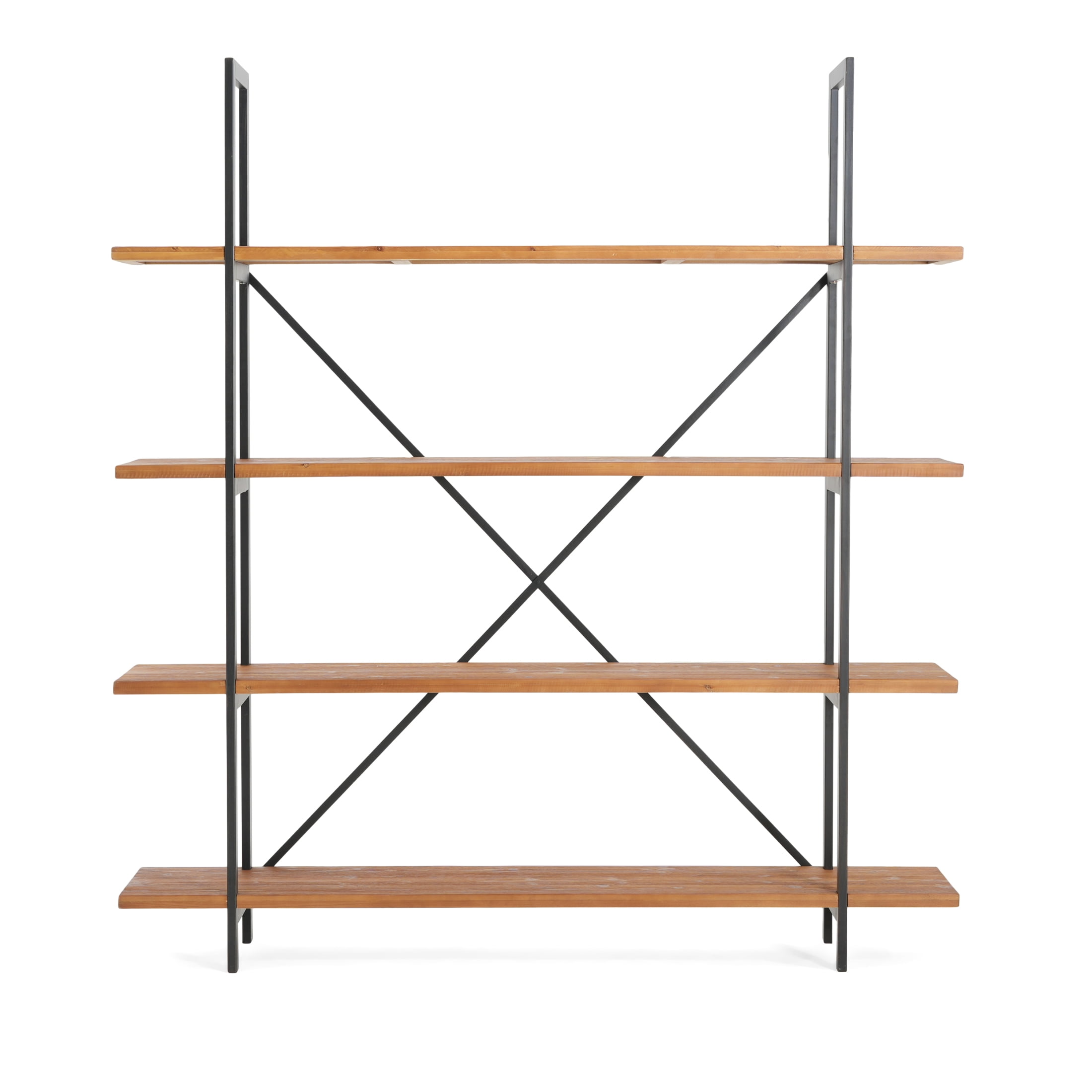 Christopher Knight Home Industrial Iron Bookcase with Solid Wood Shelves and X-Frame in Antique Black Finish