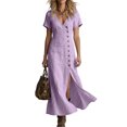 thumbnail image 2 of YuXingFu Womens Cotton Dresses with Sleeves Maxi V-Neck Plus Size Womens Dress Short Sleeve Solid Color Slim Fit Long Casual Summer Purple S, 2 of 6