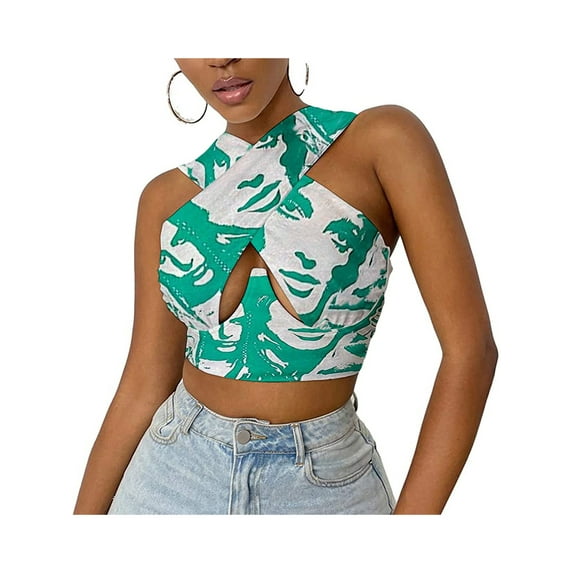 KOMOO Women Sleeveless Crop Tops Printed Halter Neck Backless Short Tops Close-fit Vest Plus Size