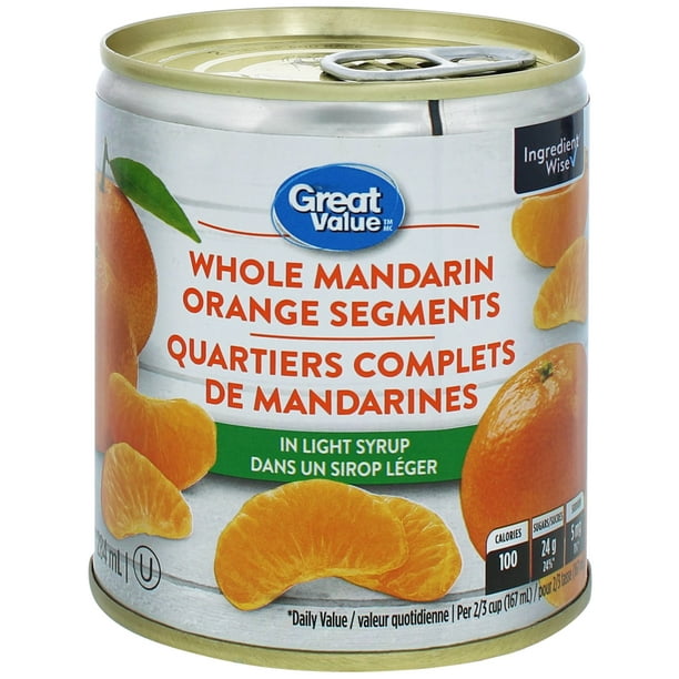 Quartiers complets de mandarines Great Value dans un sirop léger 284&nbsp;ml