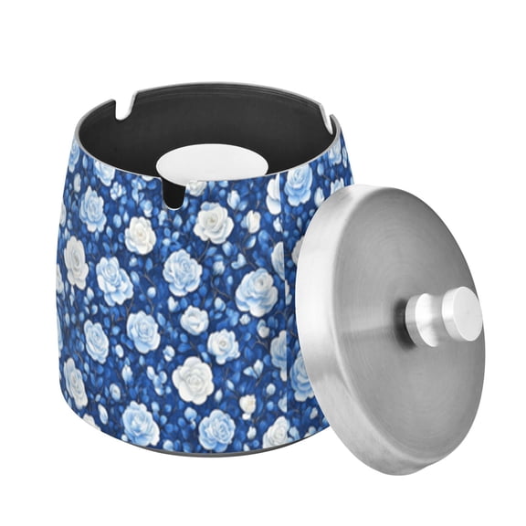 Vibrant Blue and White Roses Ashtray with Lid Outdoor for Patio Stainless Steel Cigar Ashtray Odorless Smokeless for Home Office Balcony