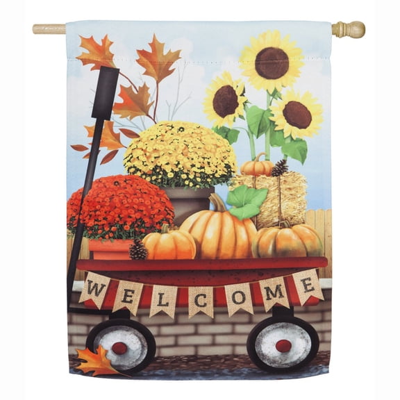Evergreen Flag Autumn Red Wagon House Suede Flag
