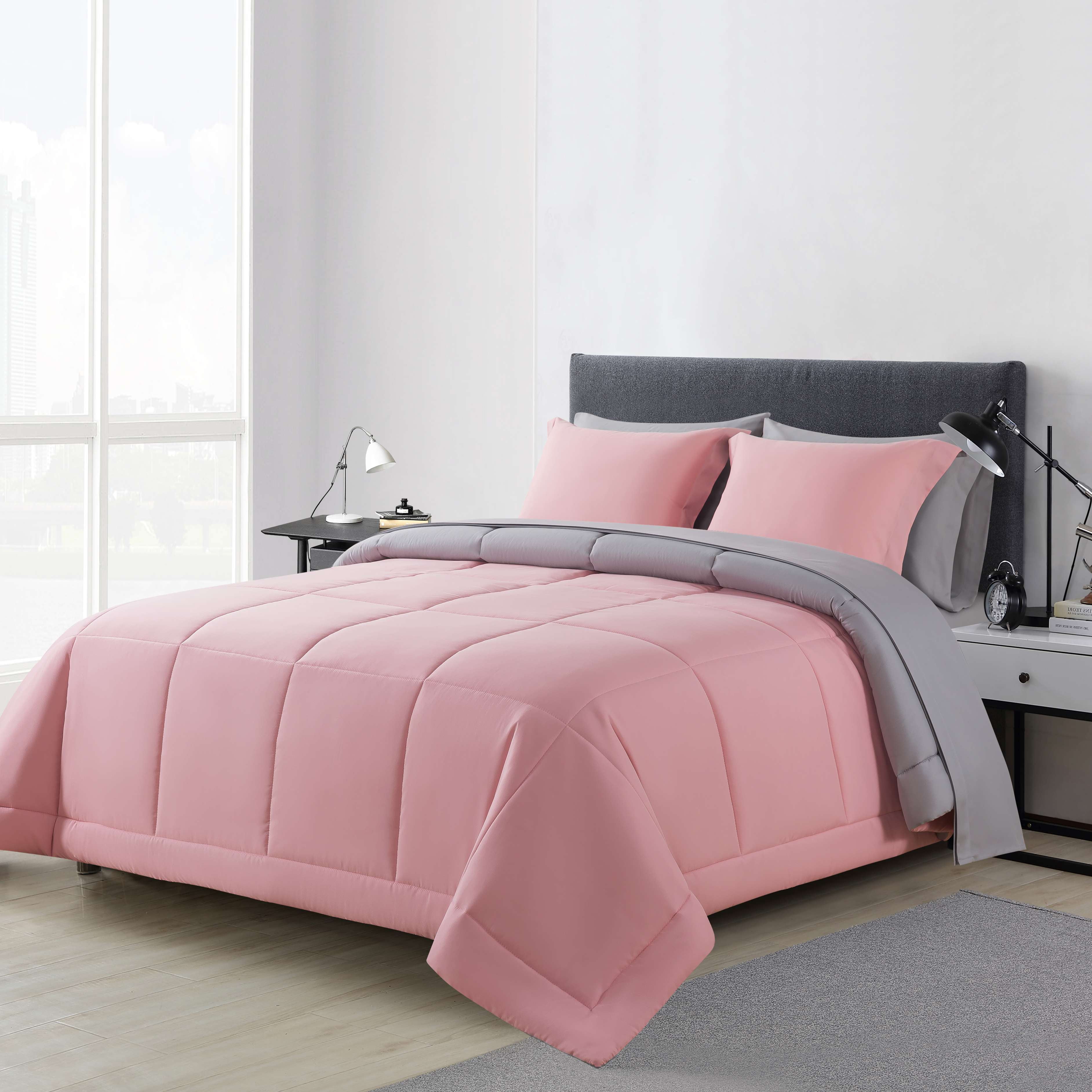 Mainstays 7-Piece Reversible Bed in a Bag with Laundry Tote, Solid Pink, Full