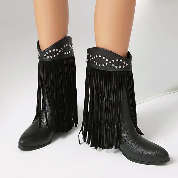 Bnwani Women Boots Footwear Fall Winter Fashion Toe Mid-Heel Thick Chunky Ankle Versatile Comfortable Casual Western Tassel Boot Black Size 5.5