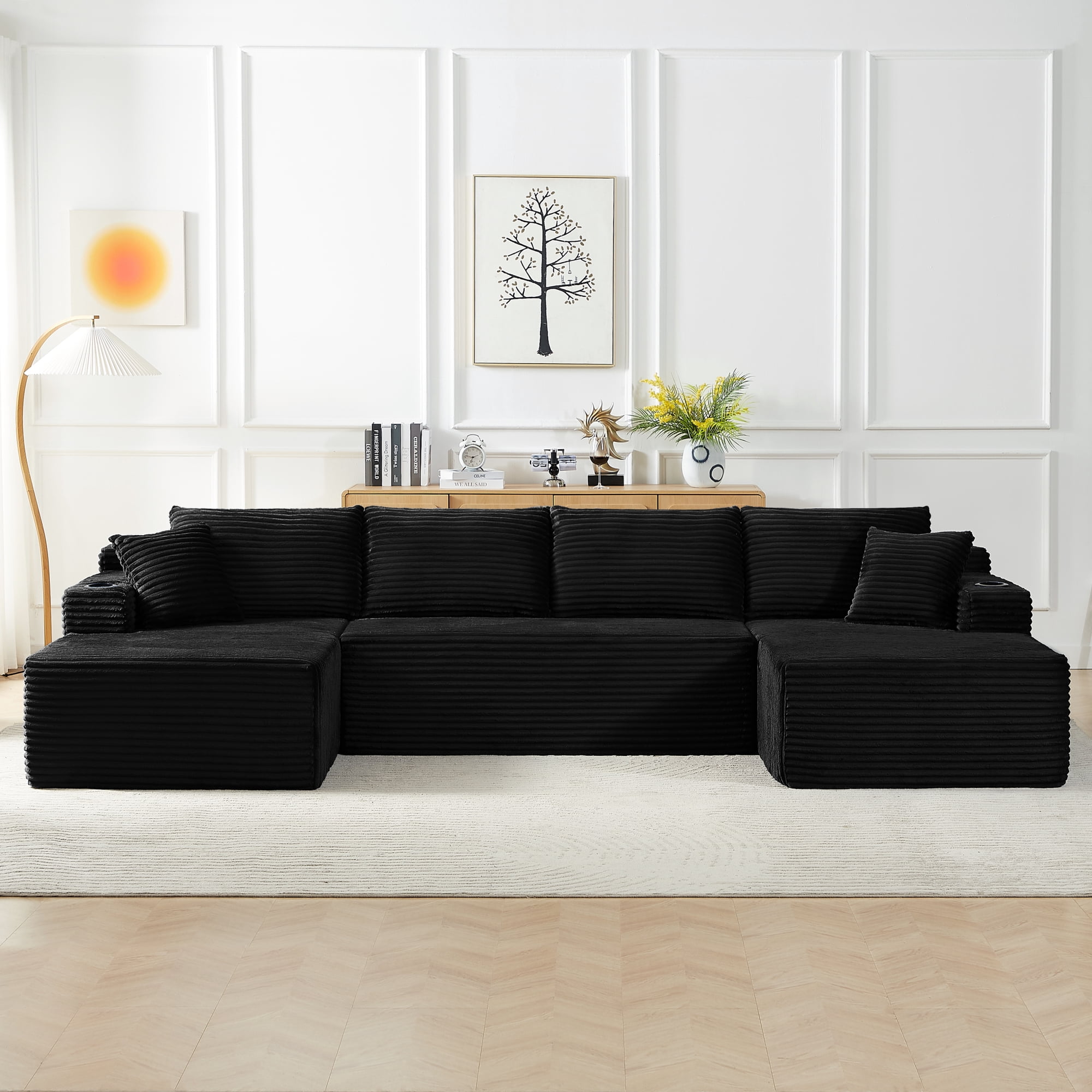 Leumius 133" Oversized Boneless Sectional Couches for Living Room,Modern Corduroy U Shaped Modular Sectional Sofa with Deep Seat,6-Seat Cloud Couch with Cupholders and Side Pockets,No Assembly,Black