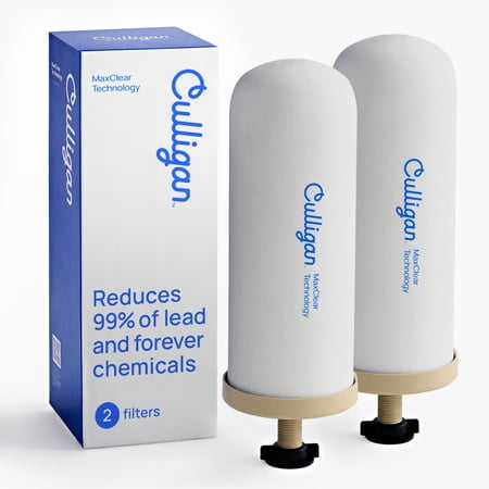 Culligan MaxClear 7” Gravity Water Filter Replacement Compatible with Berkey Water Filter Systems, Ceramic & Carbon Gravity Filter NSF/ANSI Certified, Reduce Total PFAS, Microplastics & Lead, 2-Pack
