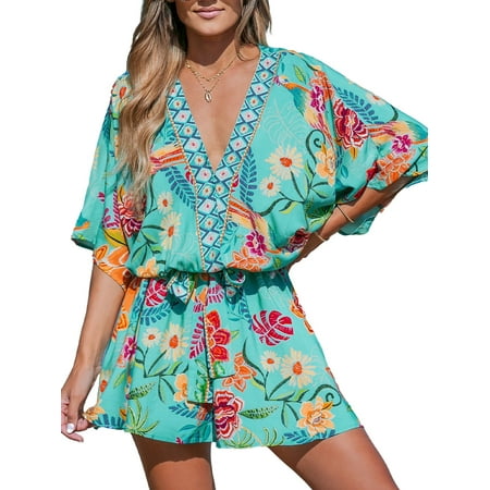 Cupshe Women's Mini Dress V Neck Floral Half Dolman Sleeve Belted Loose Fit Short Summer Beach Dress, Size XS-XL