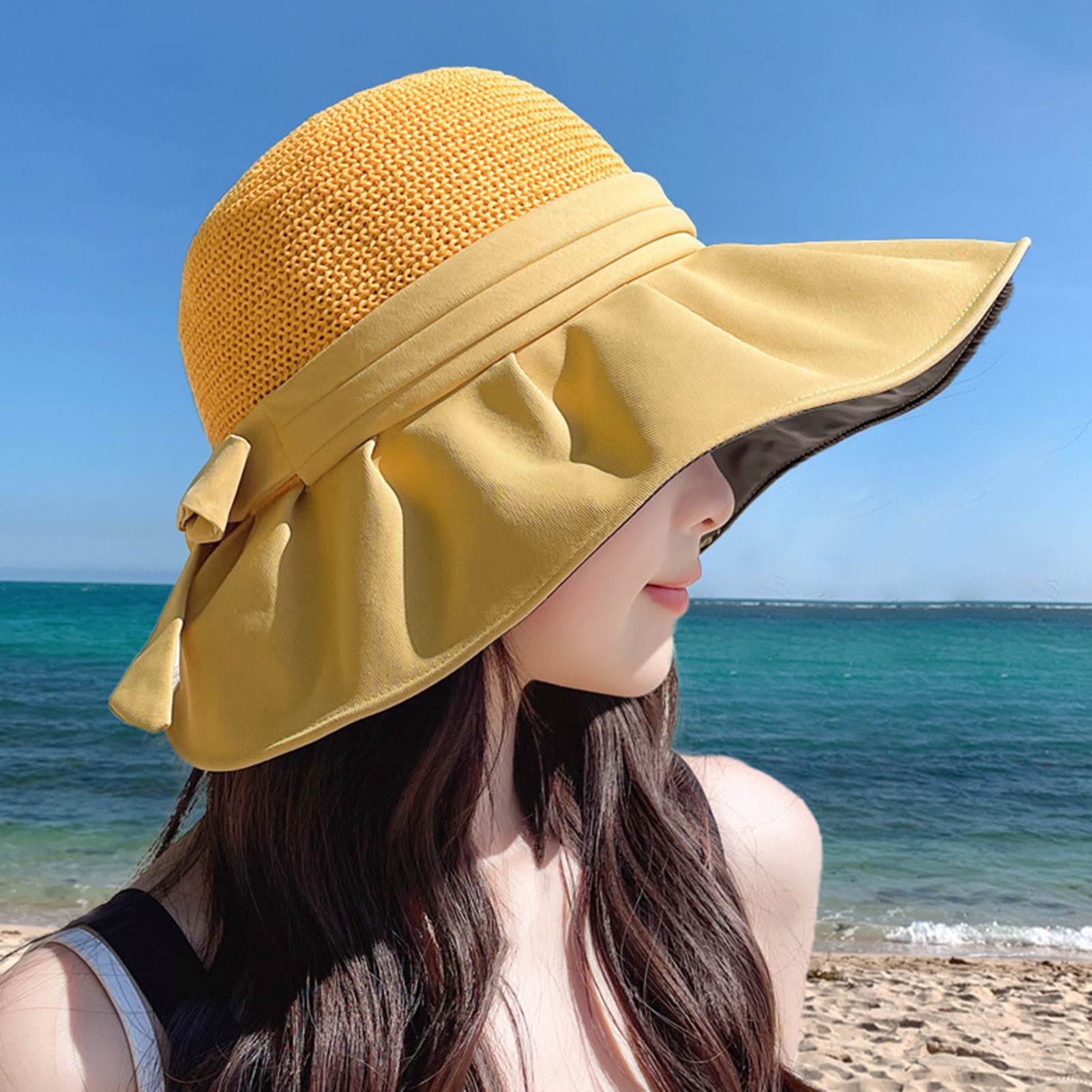 CXDa Women Fisherman Hat Sunscreen Anti-UV Adjustable Fasten String Big  Brim Bucket Hats Beach Headwear 