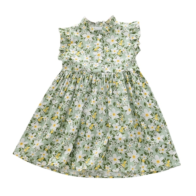 B91xZ Robe Midi d'Été pour Filles à Col Rond, à Volants, Ligne A, Fluide, pour Fête, Vert 5-6 Ans