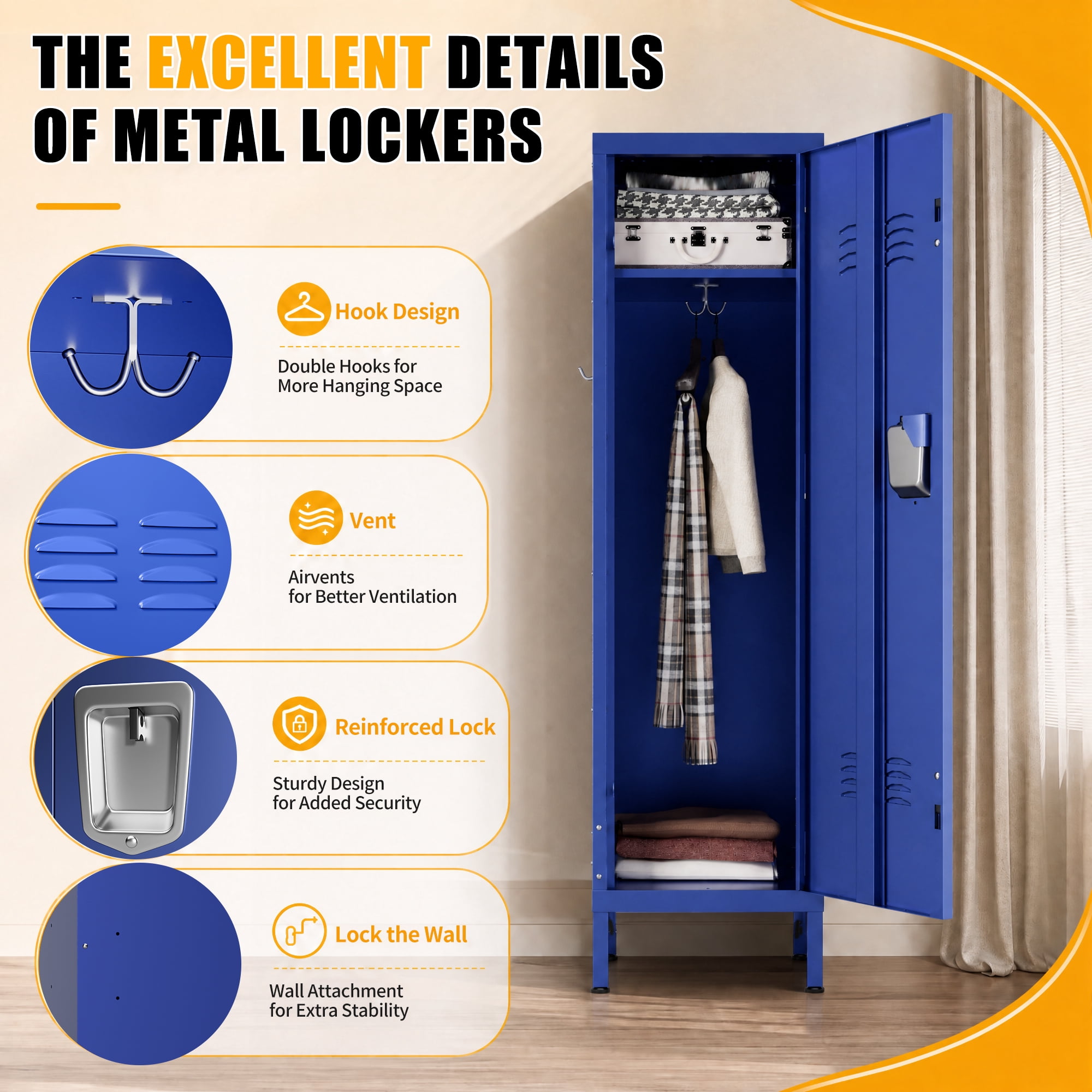 HOQBN 55" Tall Metal Wardrobe Cabinet,Waterproof Steel Clothing Storage Locker with Ventilated Door,Lock & Side Hooks,Vertical Bedroom Wardrobe for Small Apartment Home Office,Blue