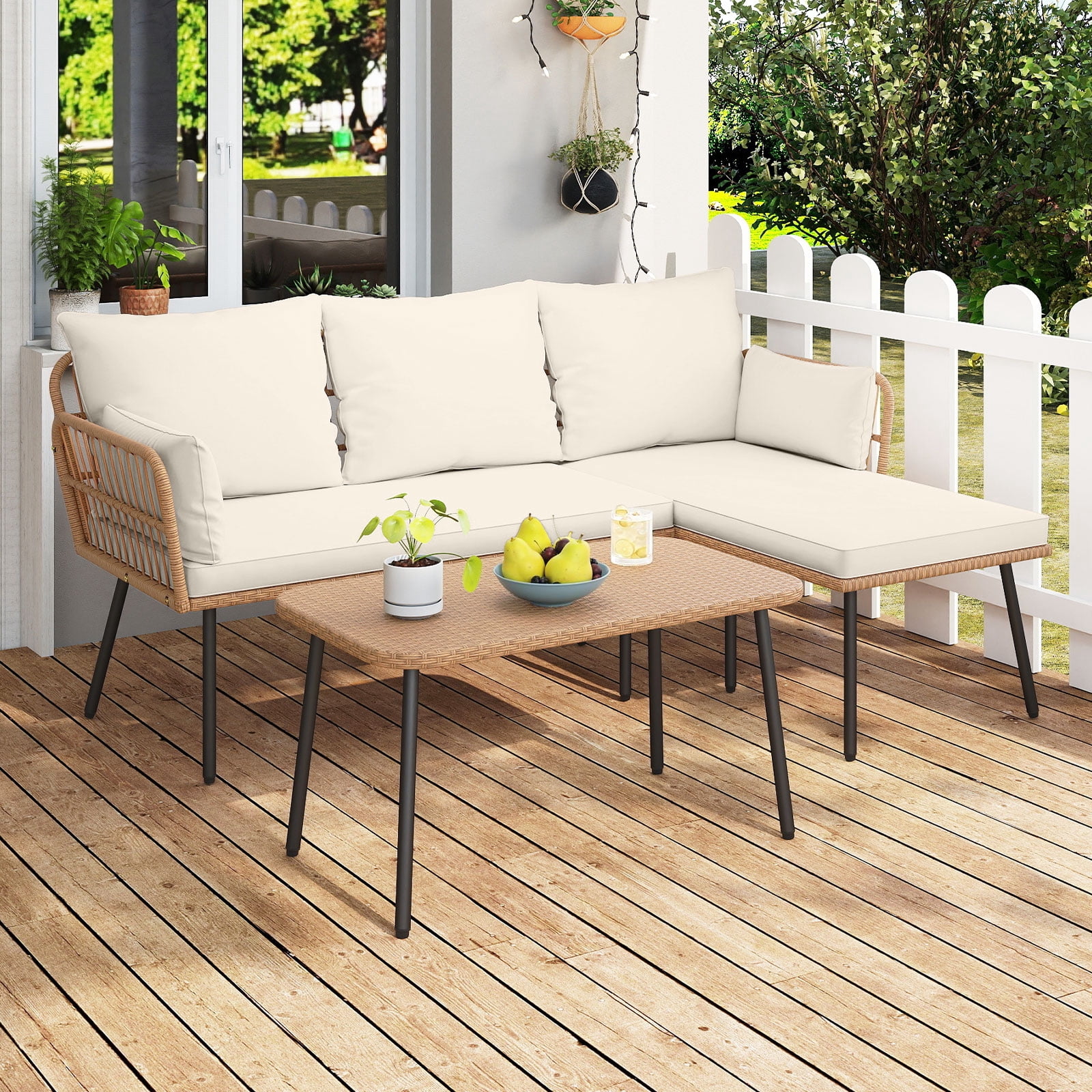 Costway 3 Pieces L-Shaped Patio Furniture Set with Coffee Table, Removable Cushions Mix Yellow + Off White/ Light Brown + Beige