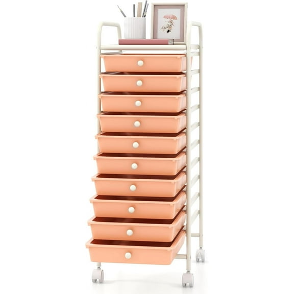 Libra 10-Drawer Rolling Storage Drawer Cart, Utility Cart with Removable Drawers & Metal Frame, Mobile Art Craft Drawer Cart with Lockable Wheels for Home, Office, Studio, School, Peach Fuzz