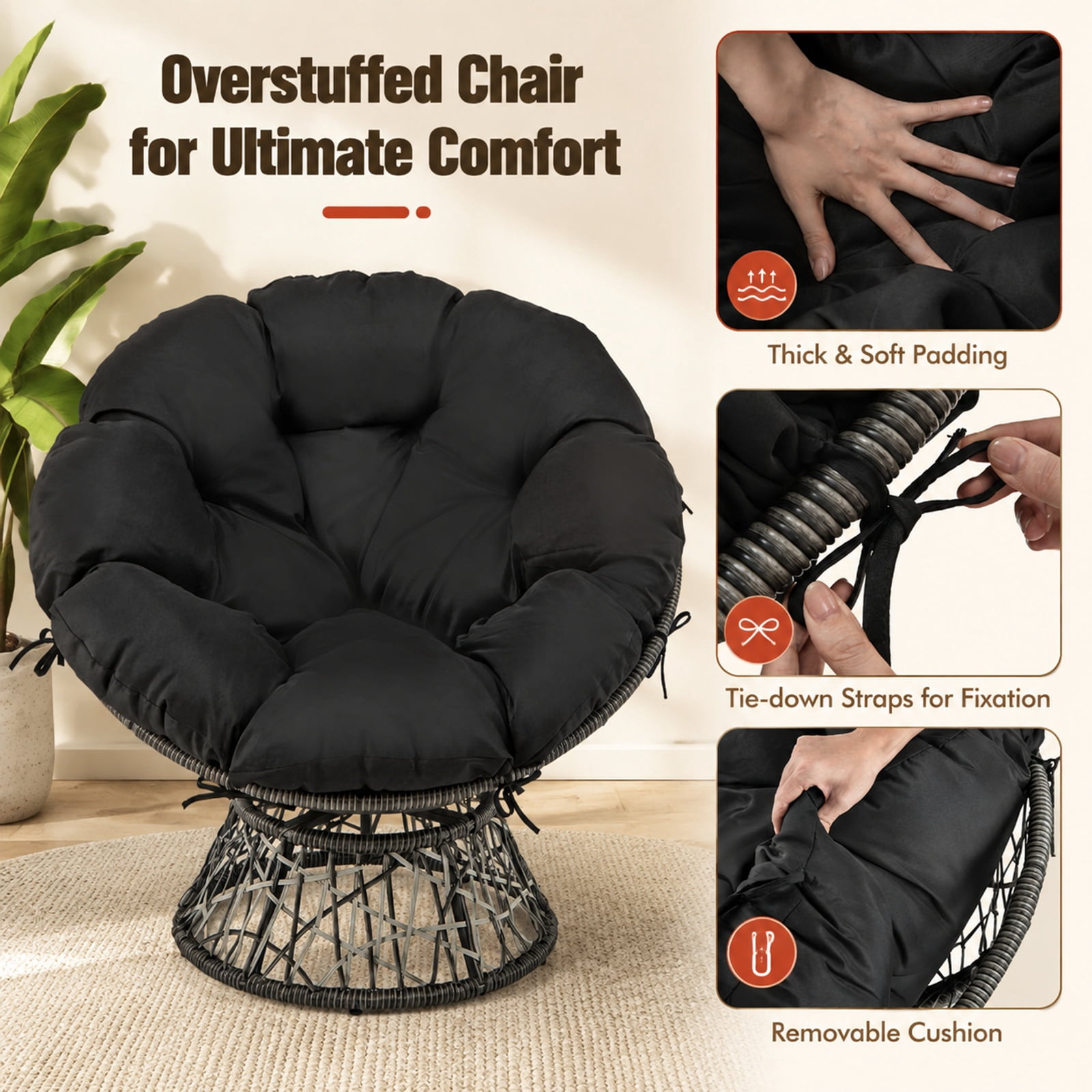 Furnibear PE Wicker Papasan Chair with Thick Removable Cushion 360 Degree Swivel Base and Metal Frame for Living Room and Sunroom, Black