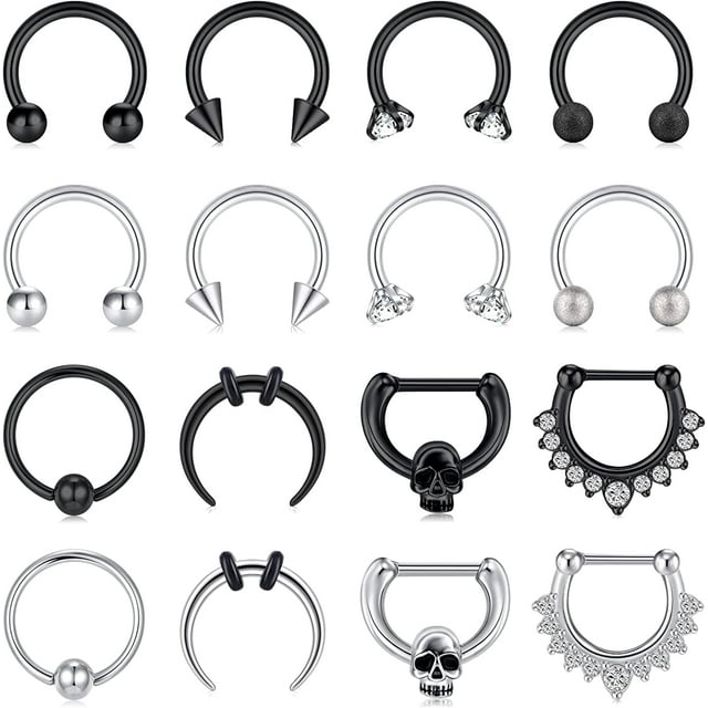 Briana Williams 16G Septum Nose Rings Hinged Seamless Nose Hoop Ring set with 16 pieces of body piercing jewelry, including horseshoe barbells, pincher septum rings, and septum clickers with heart, skull, and crystal designs. Made of hypoallergenic 316L stainless steel in silver-tone and black finishes, ideal for men and women. Includes a velvet gift pouch for storage.