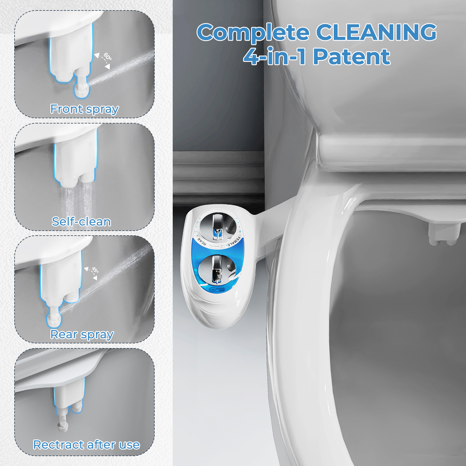 KINGTACK Bidet Attachment for Toilet, Non-Electric Self-Cleaning Bidet Seat Attachment, Fresh Cold Bidet Attachment for Feminine/Posterior Wash, with Adjustable Pressure Control (Blue/White)