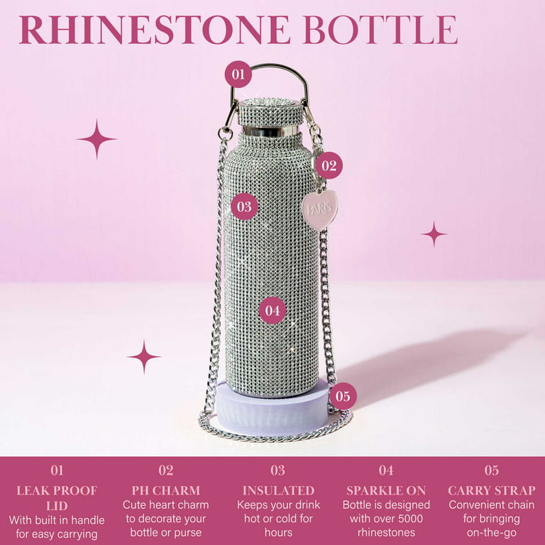 Paris Hilton Rhinestone Stainless Steel Water Bottle with Carry Strap, Silver, 25 Fluid Ounces