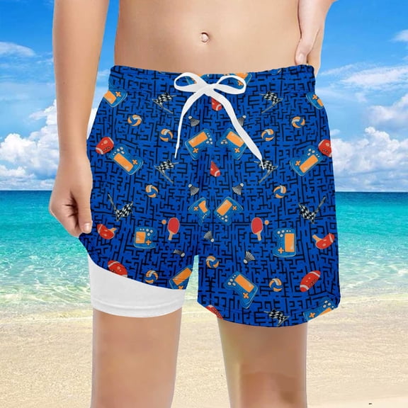Boys Summer Volleyball Ping Pong Print Drawstring Beach Shorts Casual Swim Trunks Lined Size 5-6Y