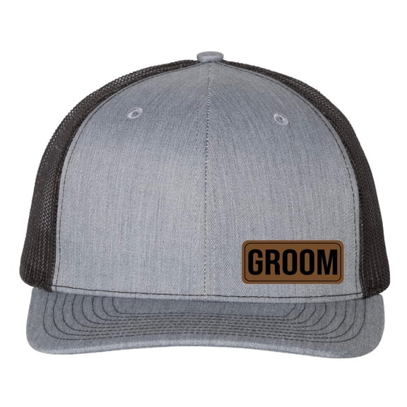 Groom Vegan Leather Patch Cap, Richardson 112, Richardson Hat, Groom Hat, Groom Dad Hat, Groom Gifts, Richardson Cap, Wedding Party Hats (Heather Grey Black)
