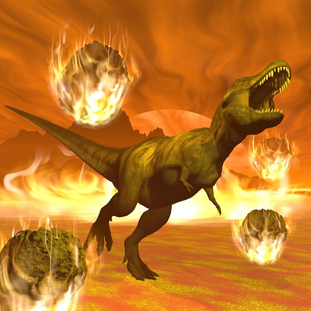 Tyrannosaurus Rex struggles to escape from a meteorite crash Poster Print (14 x 14)