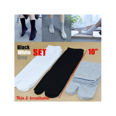 Split Toe Socks - 3Pairs Unisex Breathable Split Toe Socks Japanese Kimono Flip Flop Sandal Tabi Ninja Geta Socks (Black+White+Grey SET