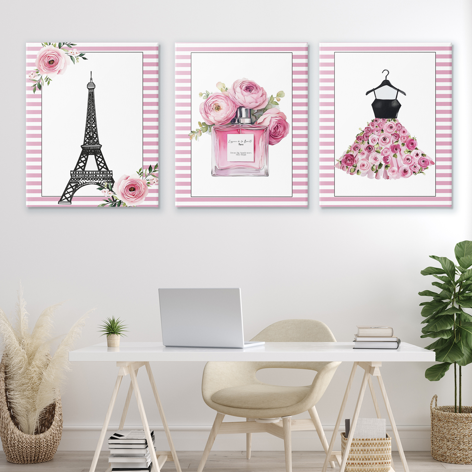 Parisian Glam with Stripes 3 Piece Canvas Wall Art Set, design by Christine Simpson Art