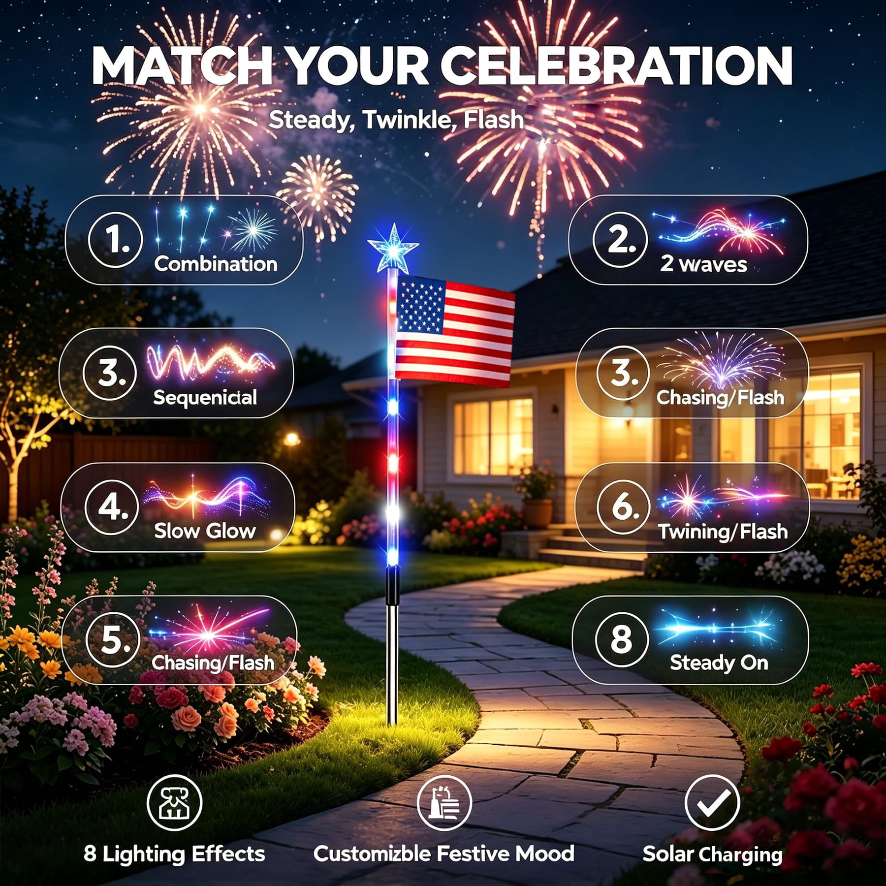 8 Pack Solar  Flag Lights Outdoor, Solar  Flag Pathway Lights with 8 Modes, Patriotic Red White Blue Waterproof LED Stake Lights for Yard Garden