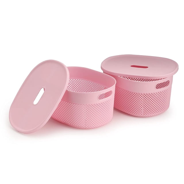 Oliveware Bingo Basket BPA Free Stackable Storage Organisers With Lids, For Clothes, Stationary, Set of2(1 Big & 1 Small, Pink) - 5.2L & 3.4