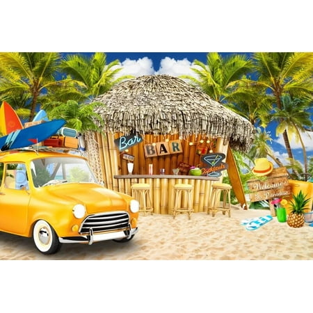 Image of Summer Beach Photography Backdrops Seaside Surfboard Hawaiian Themed Palm Trees Baby Shower Birthday Wedding Photo Background