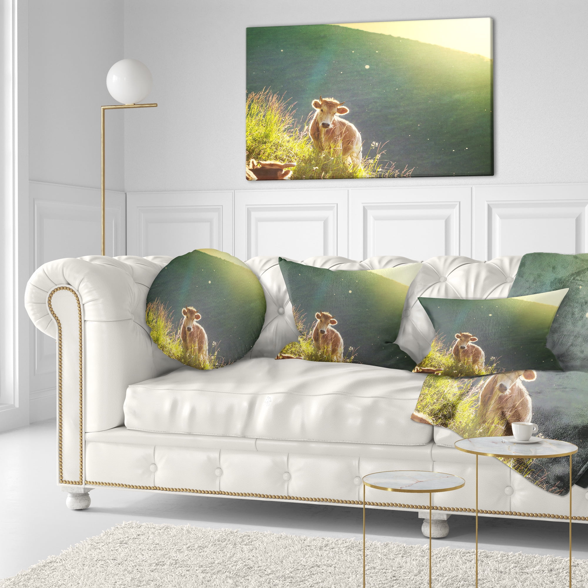 Designart Cow Grazing on Meadow Evening - Landscape Printed Throw Pillow - 12x20