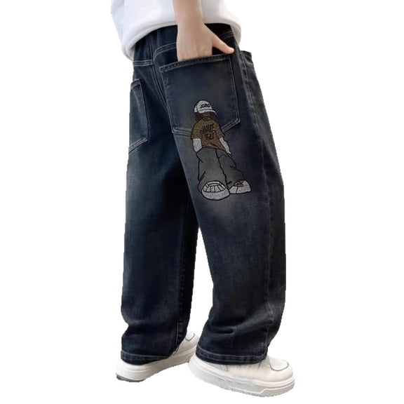 FYDUU Boys Baggy Jeans Straight Wide Leg Denim Pants Elastic Waist Jeans with Pockets Streetwear Denim Trousers for Children Daily Clothing