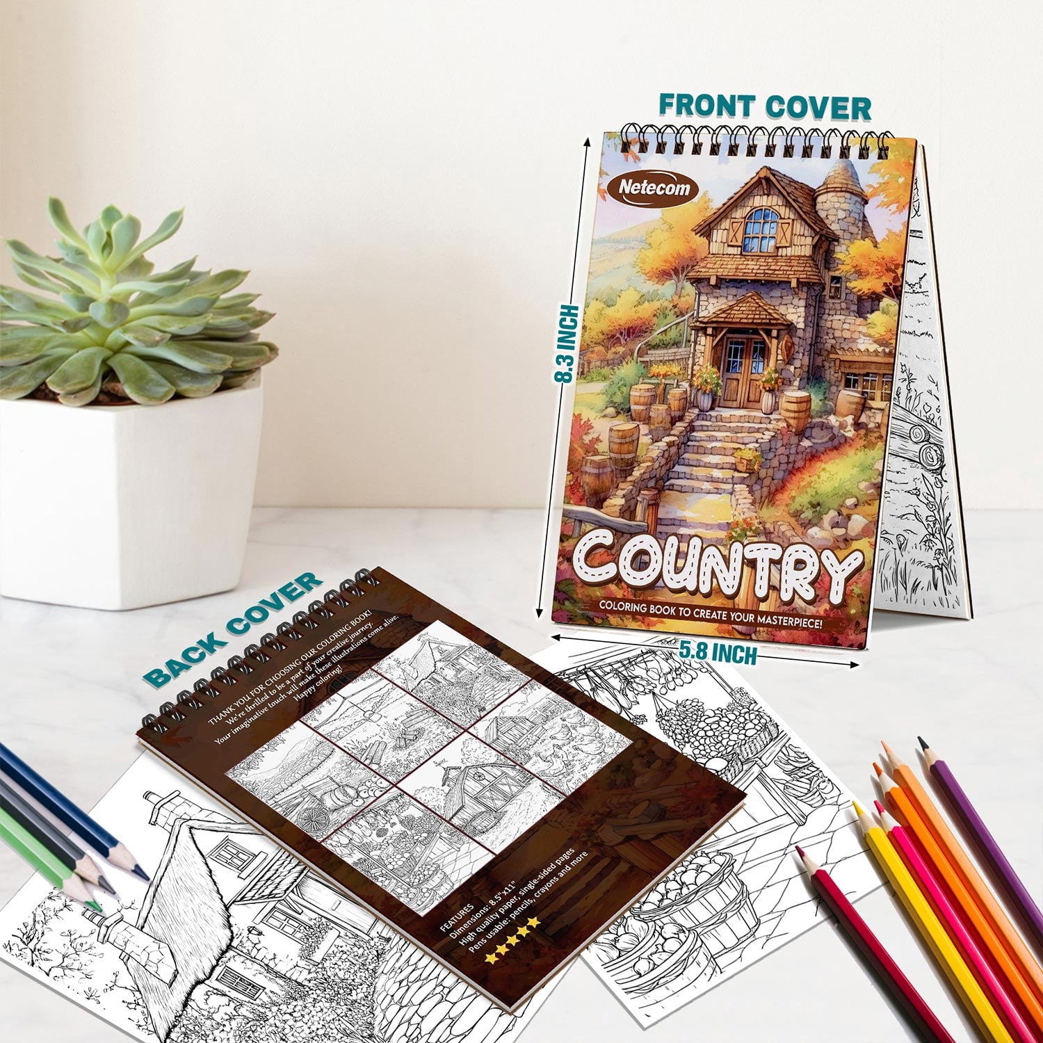 Netecom Country Coloring Book Spiral Bound for Adults, A5 Wooden Cover, 30 Rustic Coloring Pages of Beautiful Country for Stress Relief and Relaxation