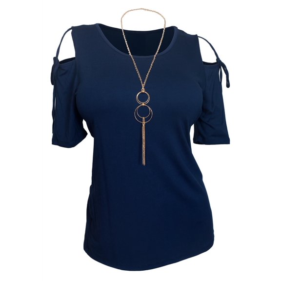 eVogues Plus Size Cold Shoulder Top With Necklace Detail Navy